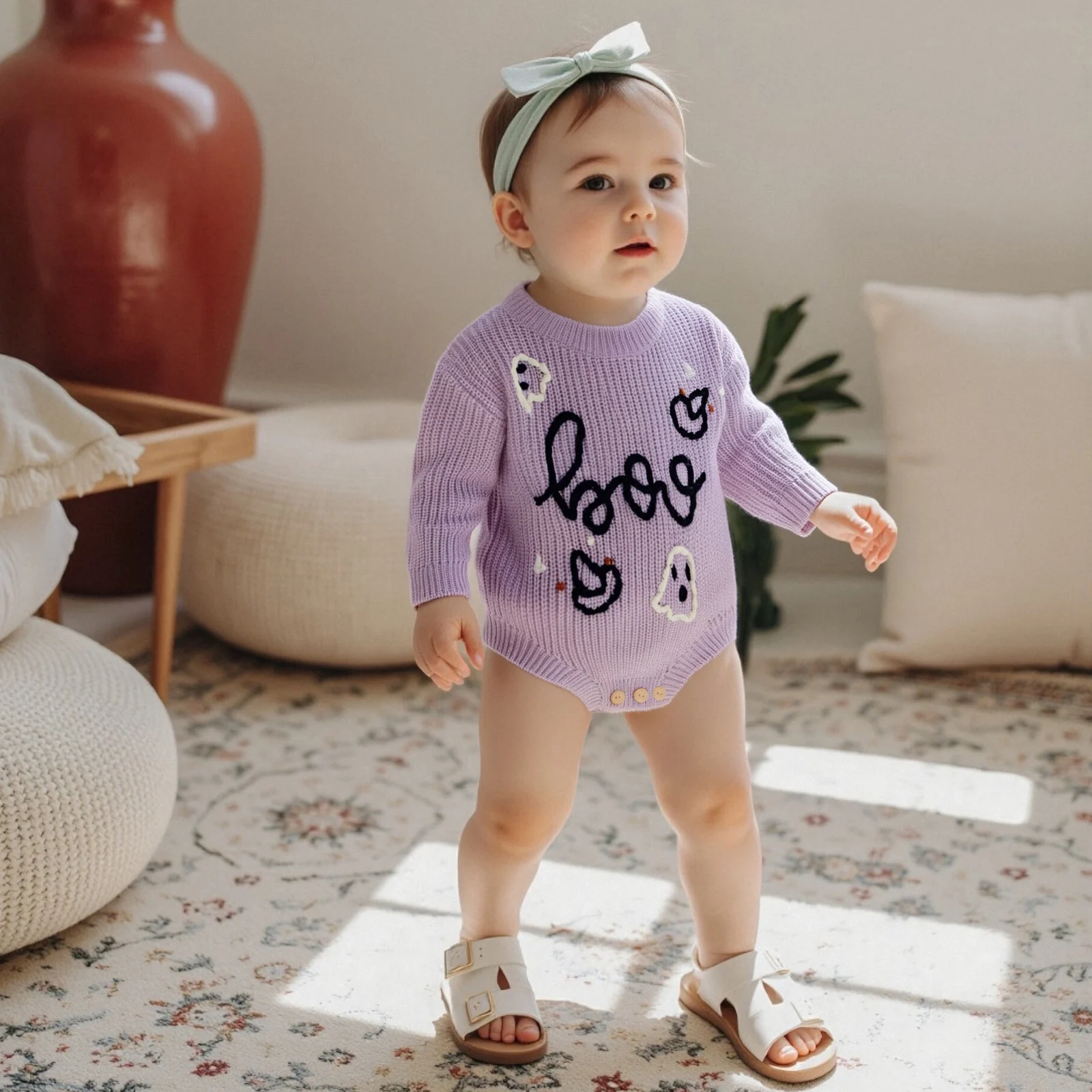 FOCUSNORM 0-12M 소년 소녀 할로윈 스웨터 Romper 5 색 유령 편지 수 놓은 Crewneck 긴 소매 점프 슈트