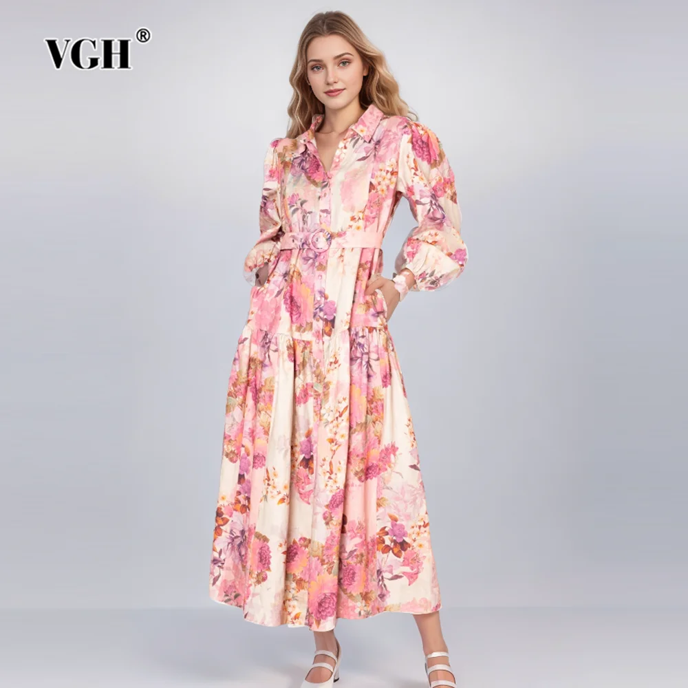 

VGH Hit Color Floral Printing Elegant Dresses For Women Lapel Lantern Sleeve High Waist Patchwork Belt Long Dress Female Style