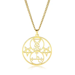 Sigil of Lucifer Lilith Pendant Necklace - Stainless Steel Satanic Pentagram Amulet (Gold Color)