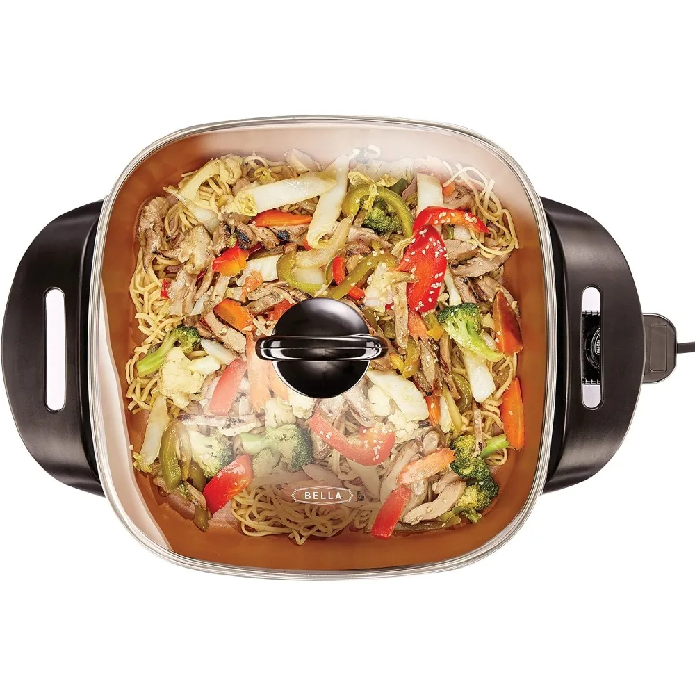 Electric Skillet and Frying Pan with Glass Lid & Two Tier Food Steamer with Dishwasher Safe Lids and Stackable Baskets