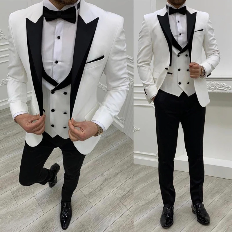 

3 Piece Slim Fit Men Suits With Double Breasted Waistcoat Formal Wedding Tuxedo For Groomsmen Fashion Black Peaked Lapel Costume