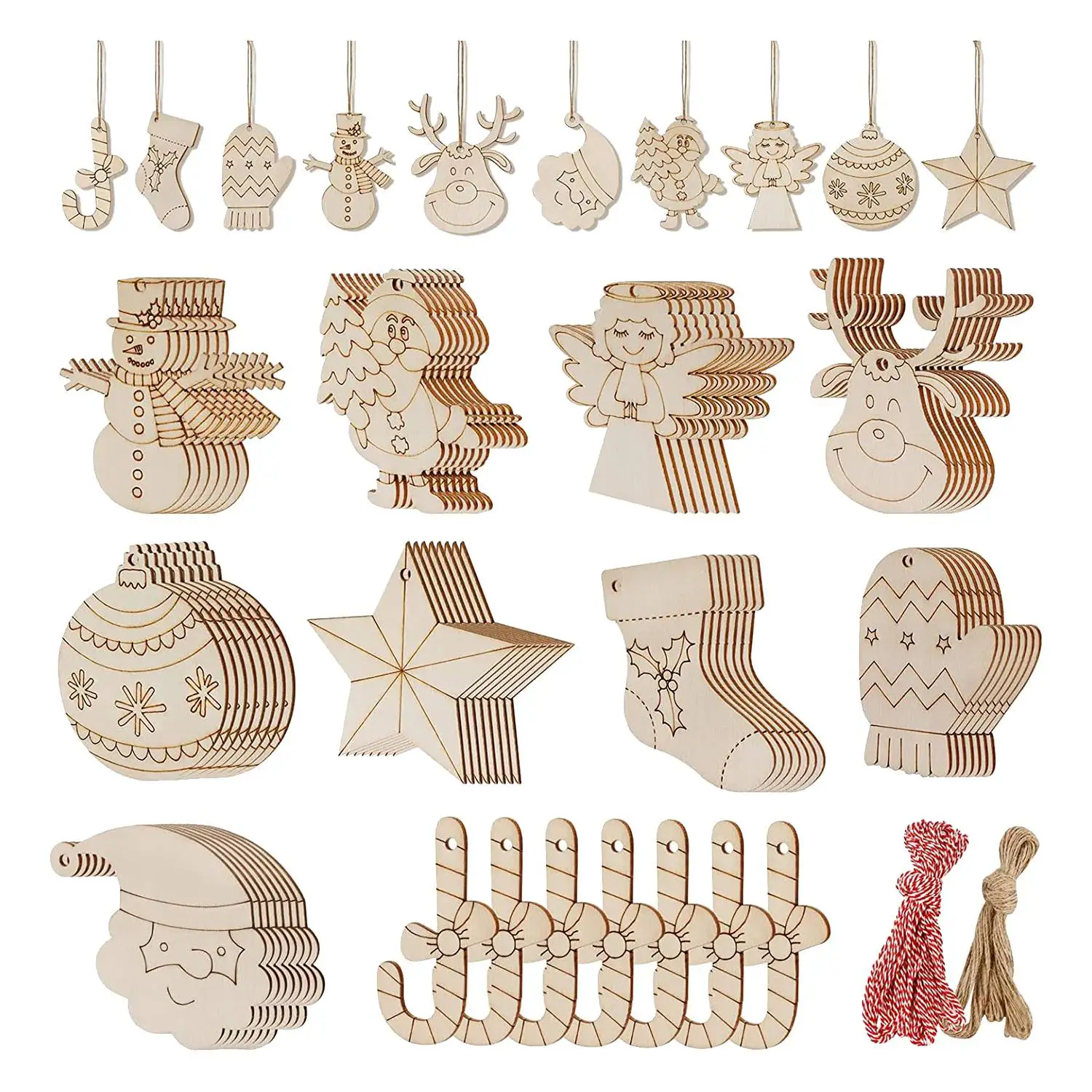 

80Pcs for Kids Unfinished Wooden Christmas Ornaments DIY Wood Slices Craft Supplies, 10 Styles