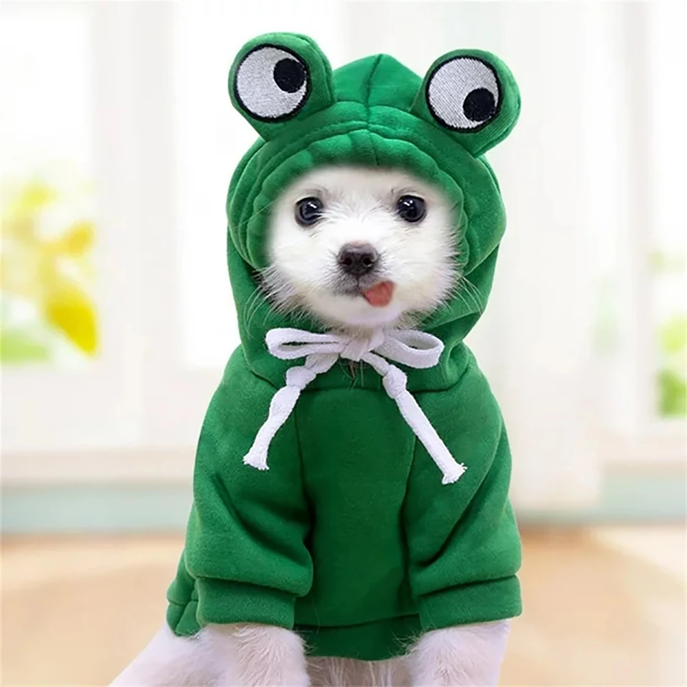 Green frog hoodie for dogs with eyes on the hood, comfortable and cute pet apparel.