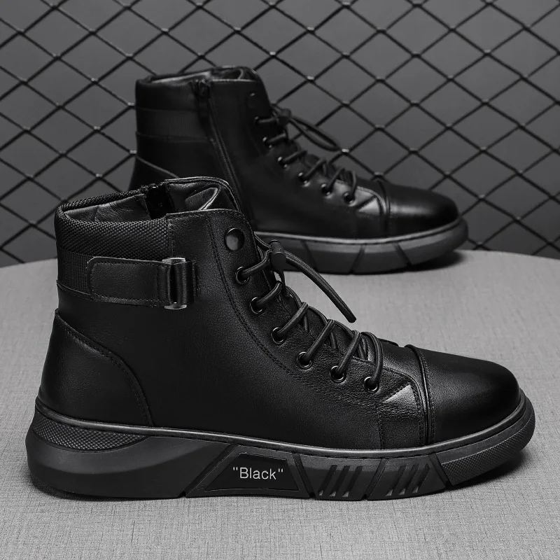 Solid Color Oversized Men's Martin Boots British Style Warm High Top Casual Leather Boots for Mens Pu Work Safety Shoes Man