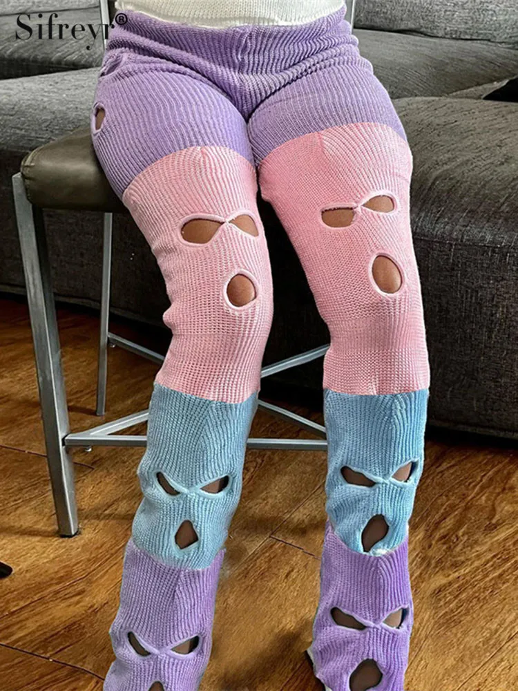 

Sifreyr модные вязаные повседневные штаны персонализированные контрастные цветные Сексуальные перфорированные с вырезами прямые штаны с высокой талией