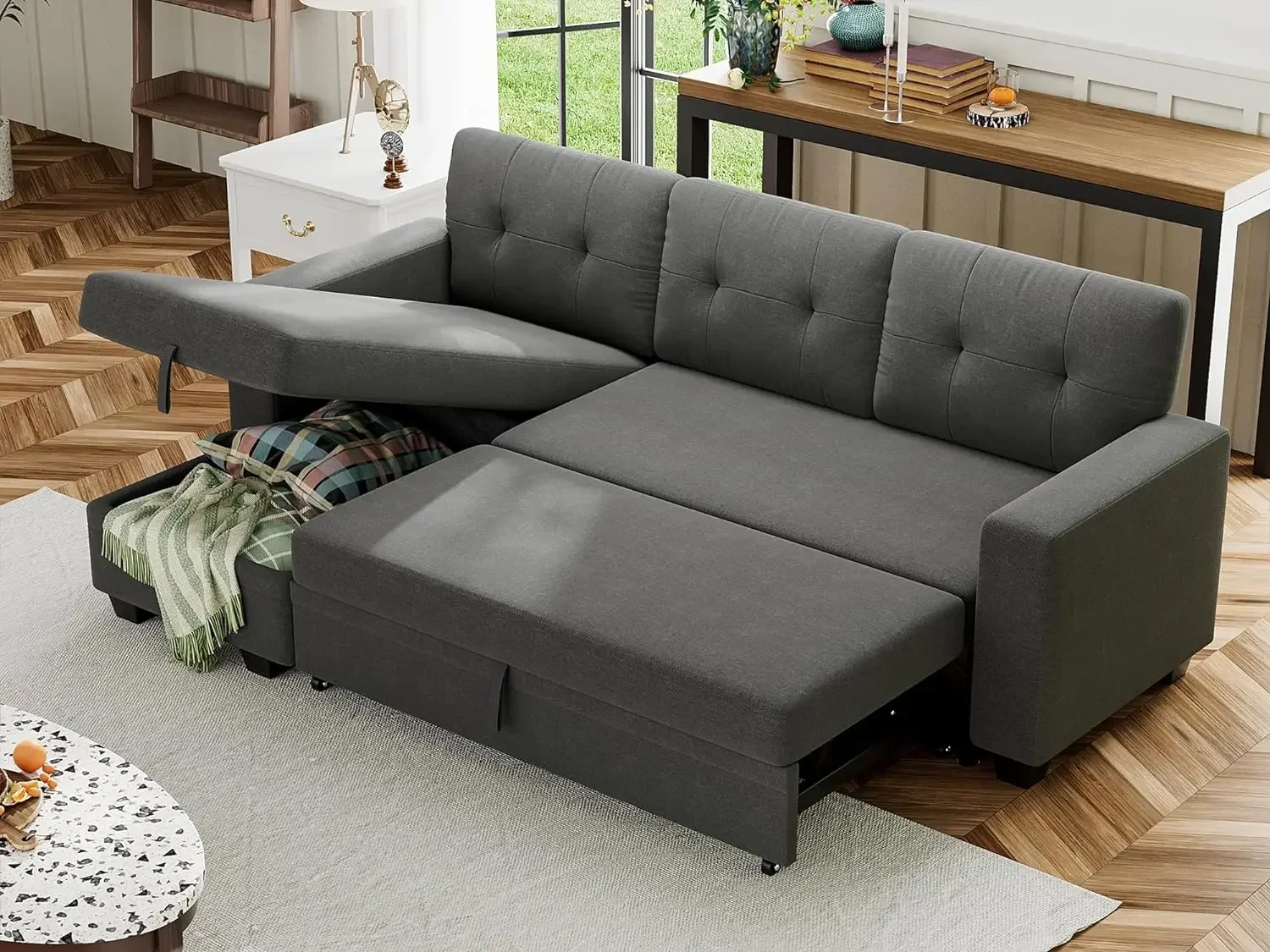 

Sofa Bed Reversible Convertible Sleeper Pull Out Couches with Storage Chaise, Linen Fabric Furniture for Living Room, Apartment