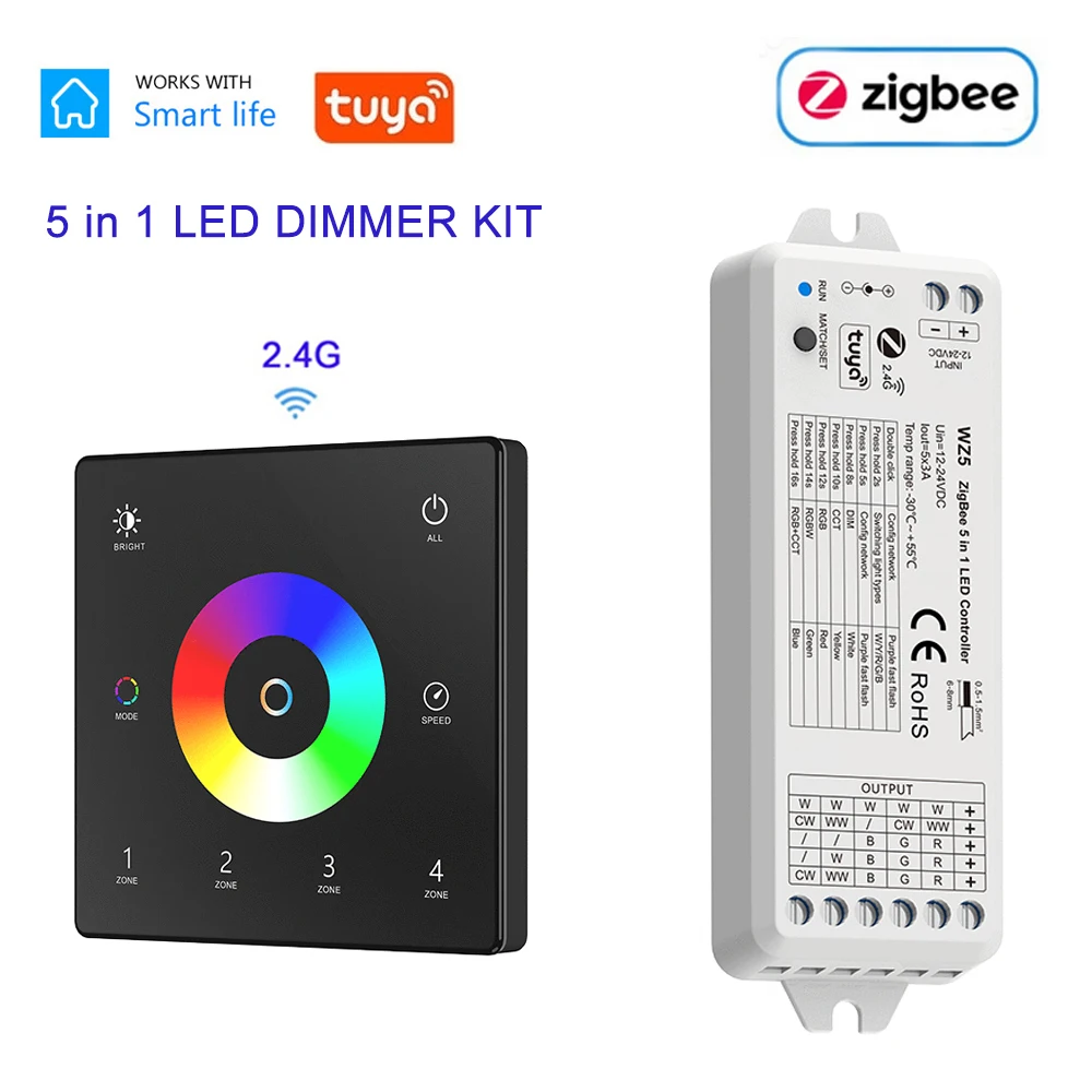 

ZigBee 5 in 1 LED Controller 4 ZONE RF Touch Panel LED Strip Dimmer KIT APP Voice Smart Control DC 12V 24V For Indoor Lighting