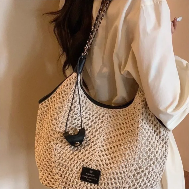 Beige Woven Grid Hollow Out Tote Bag Women Handmade Large Capacity Shoulder Bag Ladies Casual Seaside Vacation Beach Handbag New