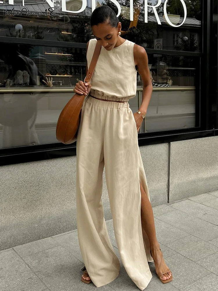 Mnealways18 Cotton Linen Khaki Pants Sets Vacation Summer Sleeveless Tops And Split Pant Suits 2024 Two Pieces Office Ladies Set