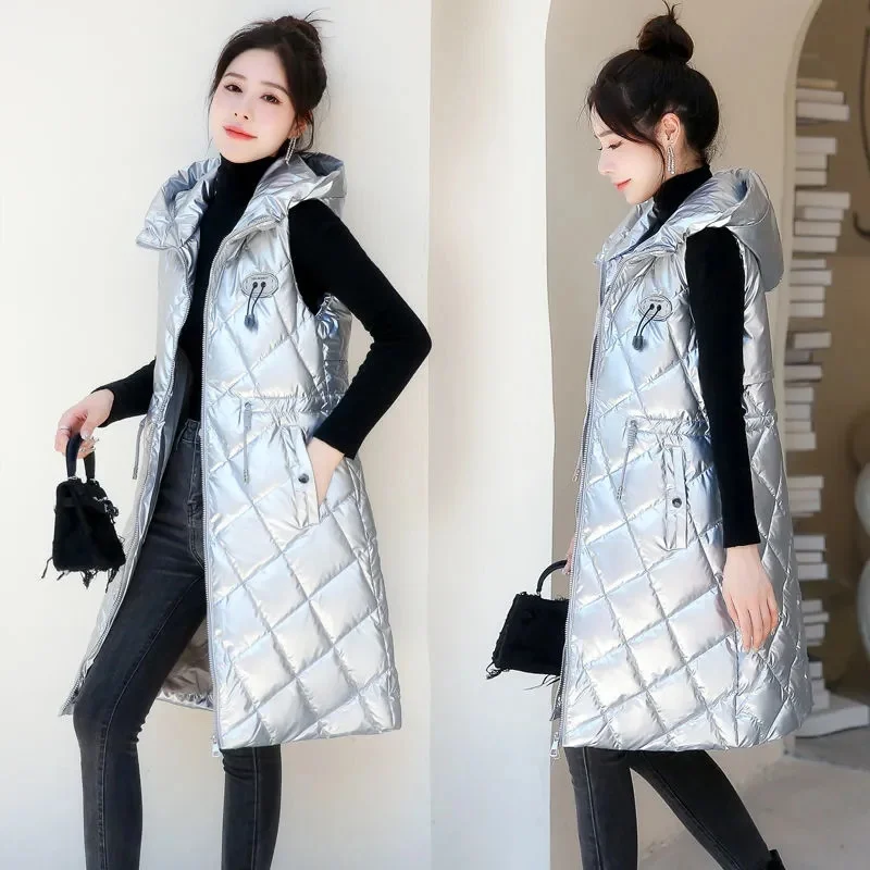 2023 New Women Winter Glossy Cotton Vest Jacket Hooded Warm Padded Long Coat Fashion Female Waistcoat Outerwear Loose Parka