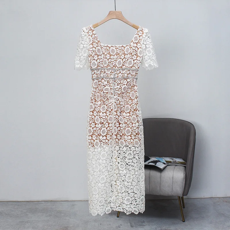 

2024 Women's Clothing Temperament hollow white lace slimming dress Spring Summer New 0429