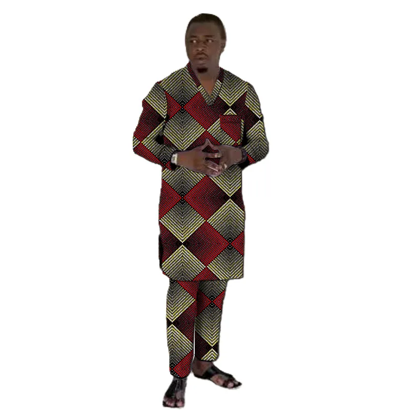 V-Neck Shirts With Bottoms Men's Groom Suit Original Design Nigerian Fashion Pant Sets African Wedding Party Outfits 6