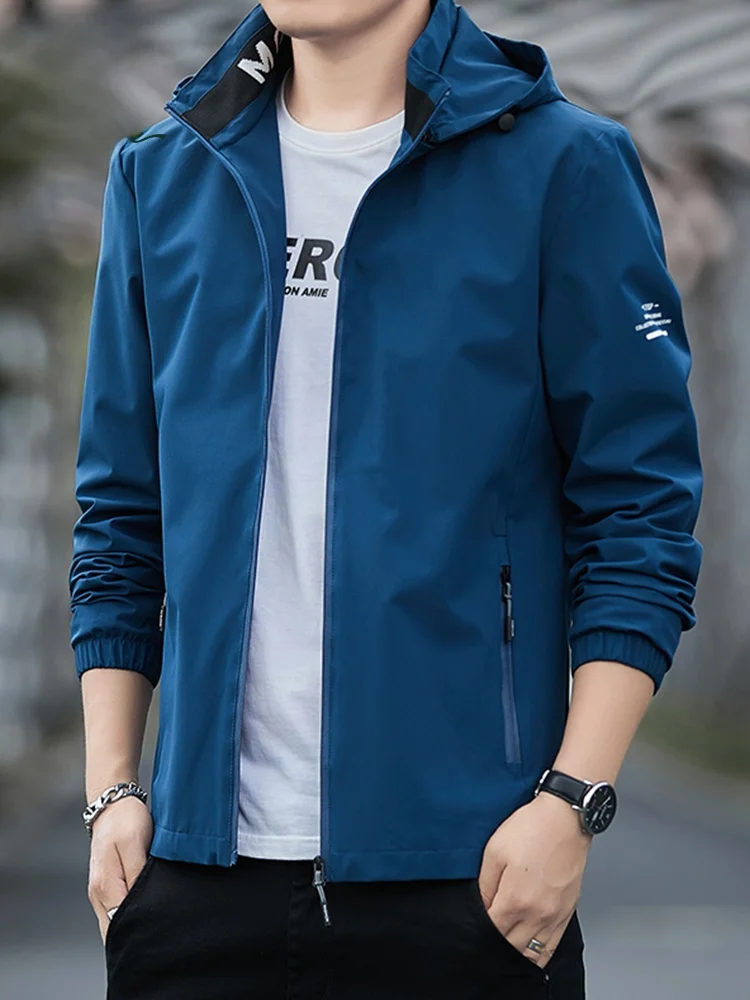 남성 캐주얼 아웃도어 재킷 봄 가을 후드 오픈 가디건 통기성 방풍 지퍼 클로저 솔리드 컬러 스포츠웨어