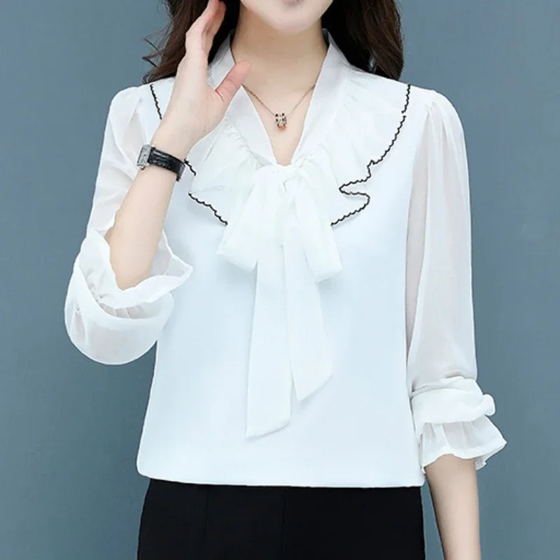 

Women's Spring Autumn New Korean Style Fashion Versatile White Blouses Women's Long Sleeve Temperament Tied Bow Chiffon Shirt