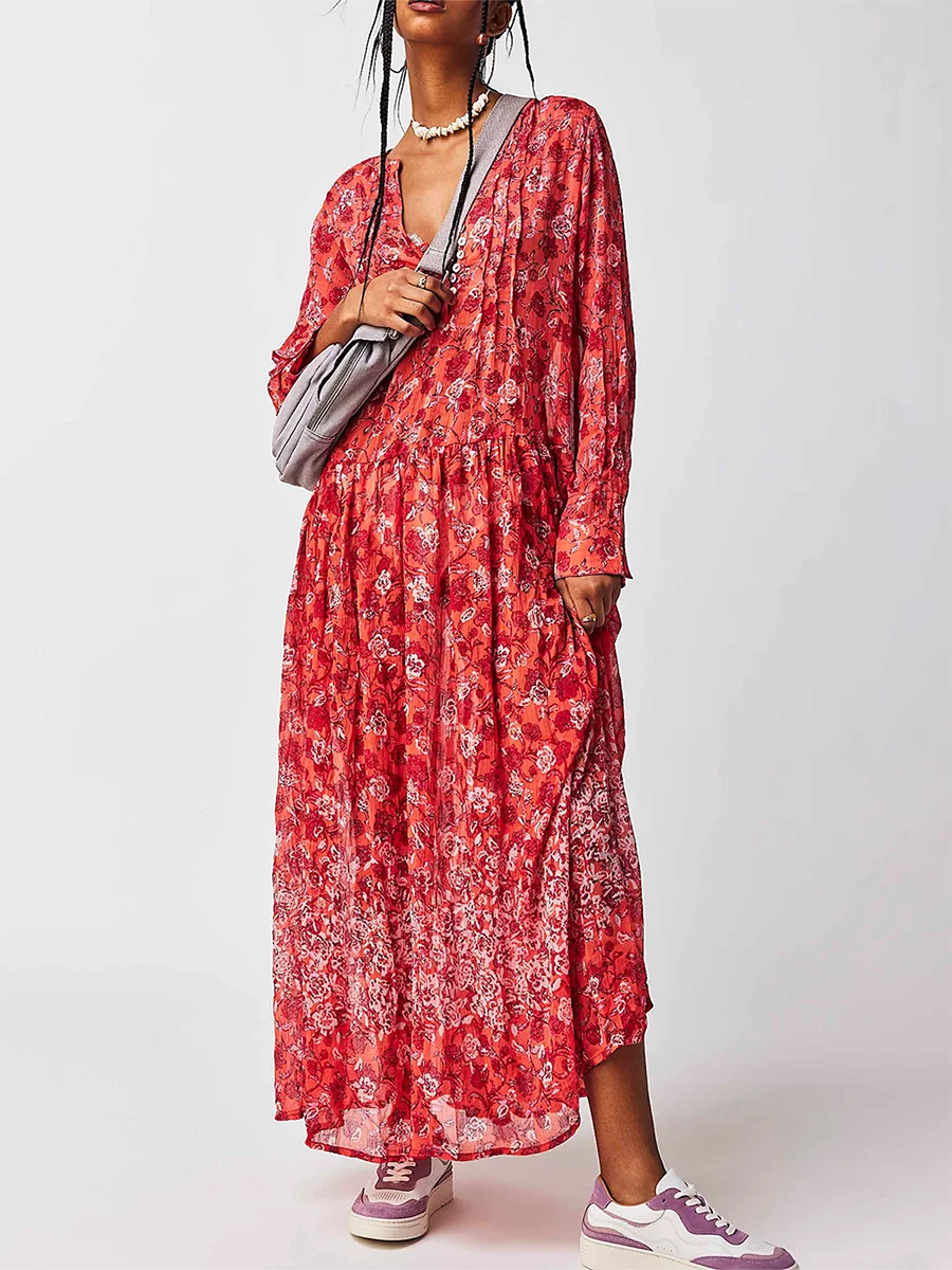 

New Women Fashion Long Dress Floral Print Buttons Long Sleeve Dress Spring Fall Casual Loose Dress Skin-Friendly Hot Sale