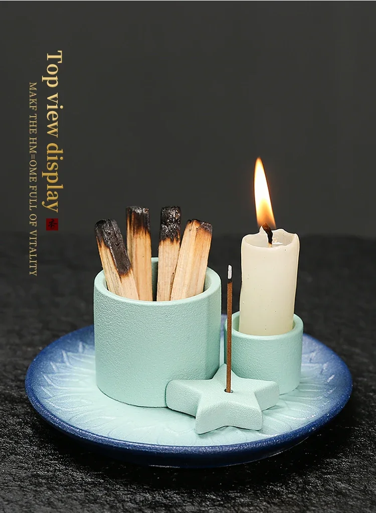 Description Picture 5 of item1pc Ceramic Incense Burner Set - 4-in-1 Handcrafted Incense Stick & Palo Santo Holder with Smudging Tray, Elegant Bohemian Decor