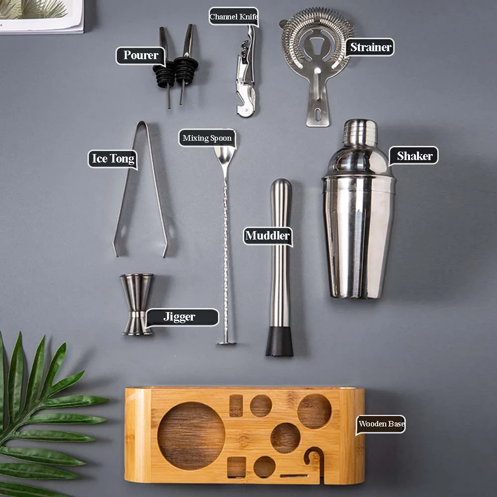 Stainless Steel Cocktail Shaker Mixer Bartender Browser Kit Bars Set Tools Jigger Mixer Muddler Pourer Spoon with Bamboo Stand