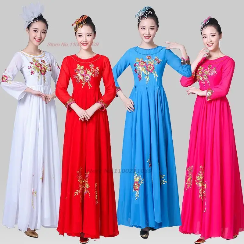

2024 chinese vintage dress hanfu national flower embroidery o-neck folk dress stage chorus performance costume evening dress
