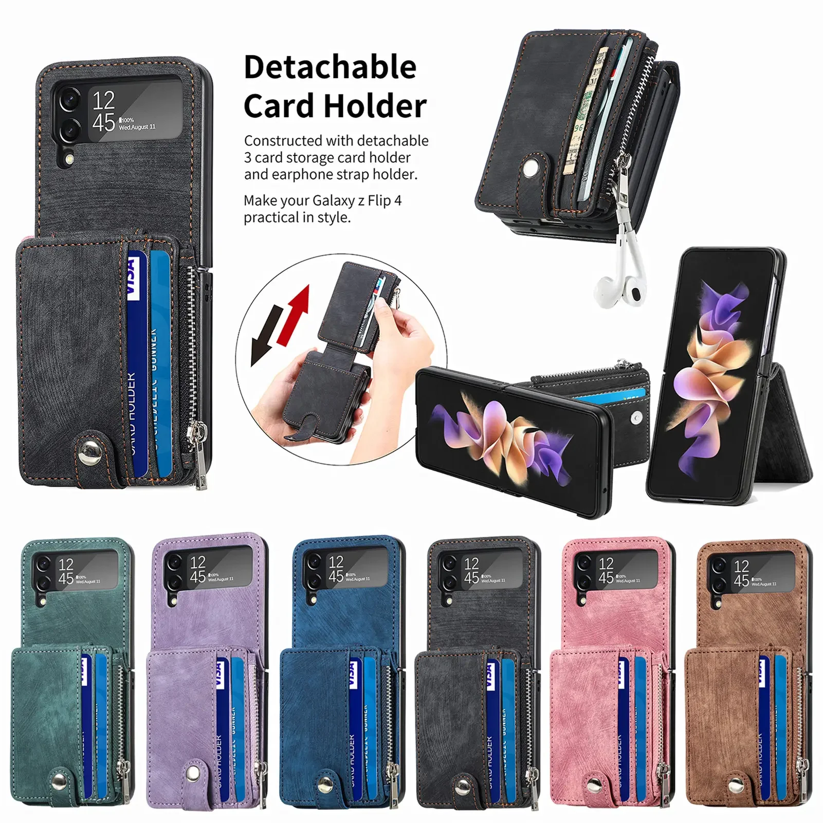 Versatile Retro Leather Zipper Wallet Folding Phone Case with Card Holder