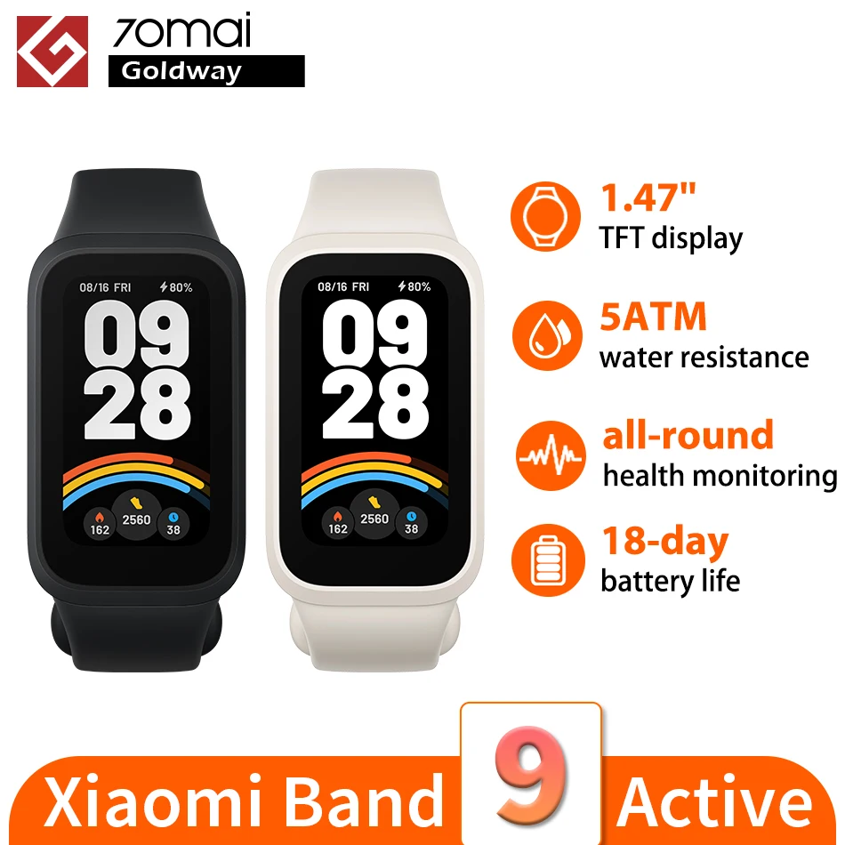 Smart Bracelet Global Version Xiaomi Smart Band 9 Active 1.47'' Display 18 Days Battery Life Health Monitoring 5ATM Sports Bracelet Mi Fitness smart bracelet