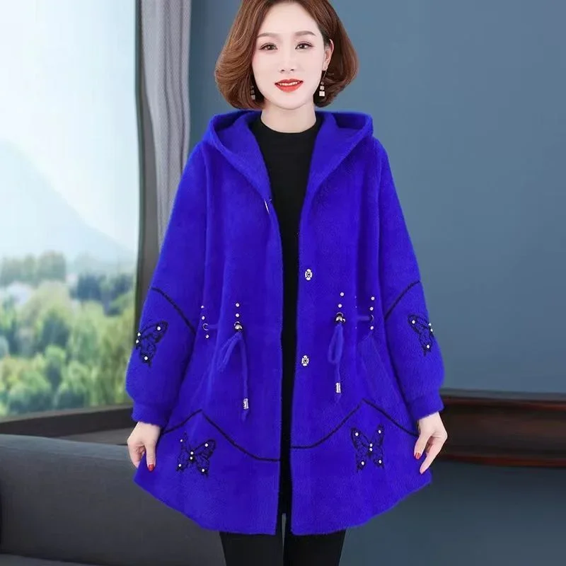 모조 밍크 플리스 여성 코트, 후드 미드 롱 니트 가디건 스웨터, 따뜻한 상의, 중년, 엄마 아우터, 가을, 겨울