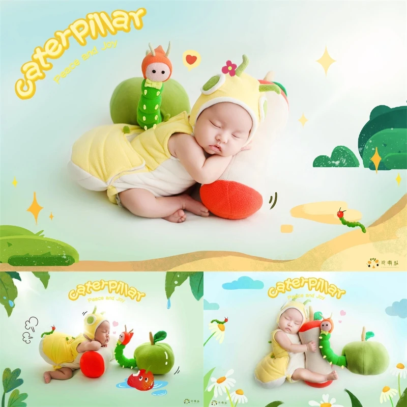 Newborn Baby Photography Props Apple Theme Set Cute Caterpillar Outfit Hat Insects Decotation Studio Shooting Photo Props