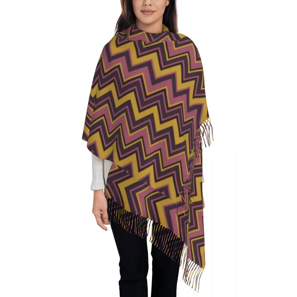 

Female Long Zig Zag Modern Geometric Scarves Women Winter Fall Soft Warm Tassel Shawl Wrap Bohemian Zigzag Scarf