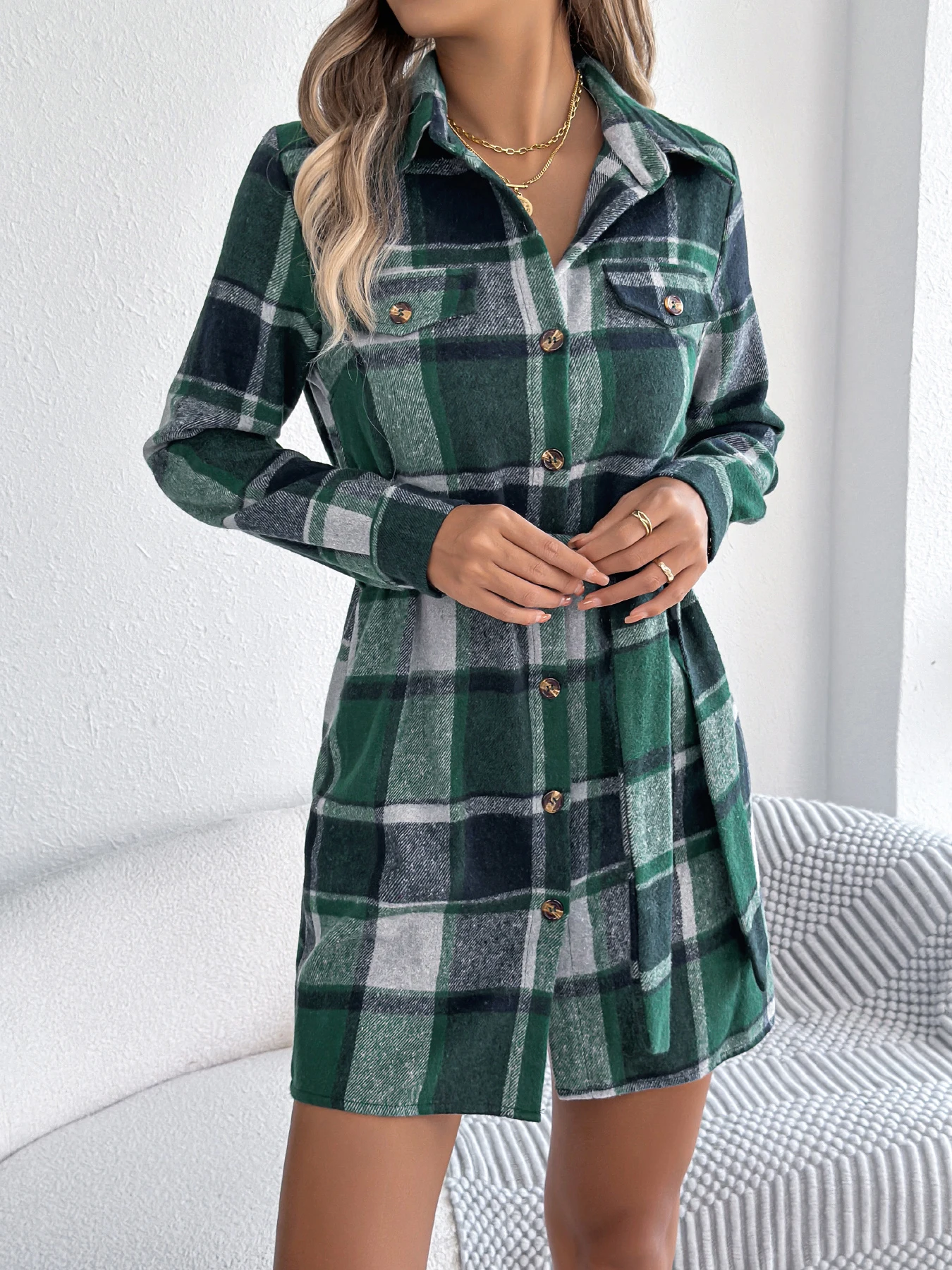 Orange Plaid Women Casual Dress with Belt