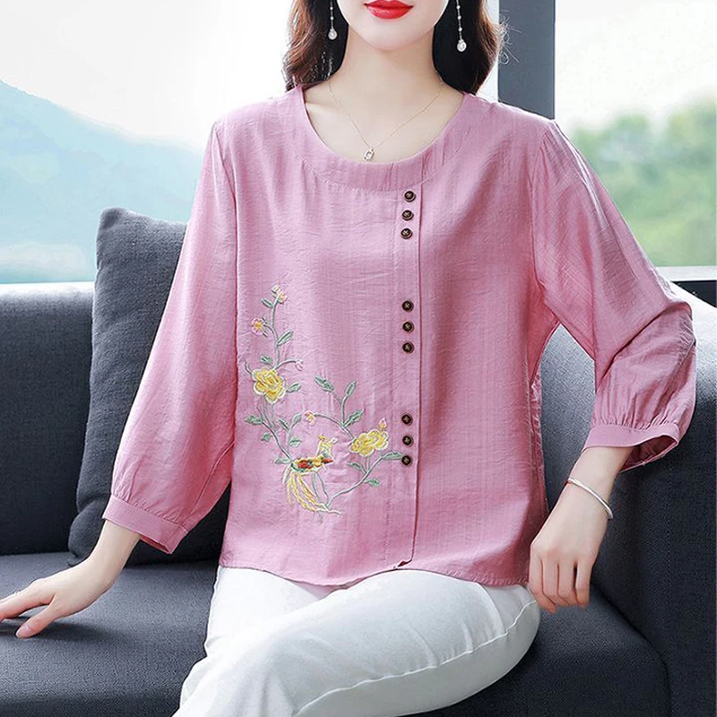 여성용 빈티지 자수 블라우스, 우아한 패션, 3/4 소매, 루즈 셔츠, O넥 단색 코튼 린넨 탑, 중국 스타일, 신상