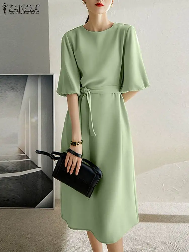 

Elegant Satin Dress 2023 ZANZEA Summer Women Office Work Dresses Half Sleeve O Neck Sundress Causal Midi Robe Fashion OL Vestido