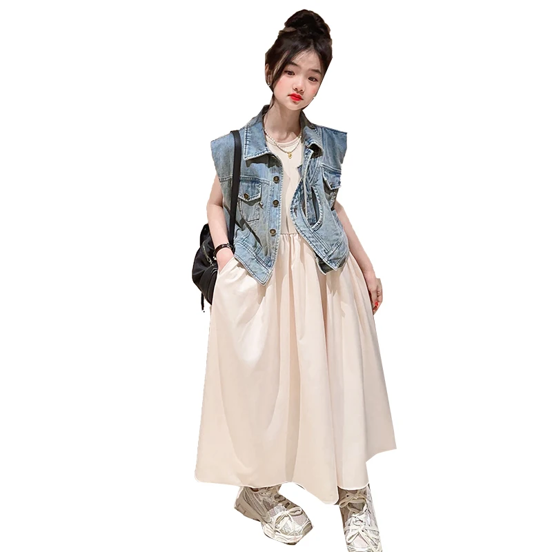 Summer Autumn Girls Denim Vest Jacket with Long Tank Dress piece
