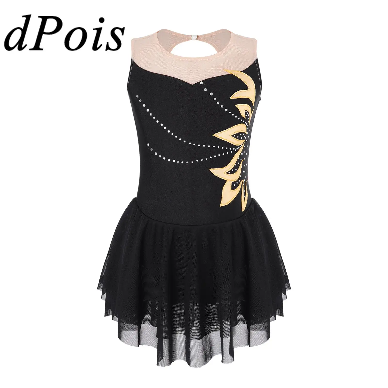 

Kids Girls Ballet Dress Sleeveless Shiny Rhinestone Skating Dance Dresses for Dancing Competition Gymnastics Leotard Costume
