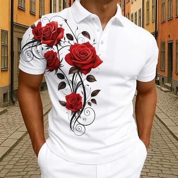 Elegante polo floreale rosso con rose per uomo, stampa 3D con motivo a vite, maniche corte, colletto a revers, casual, da golf, per affari.