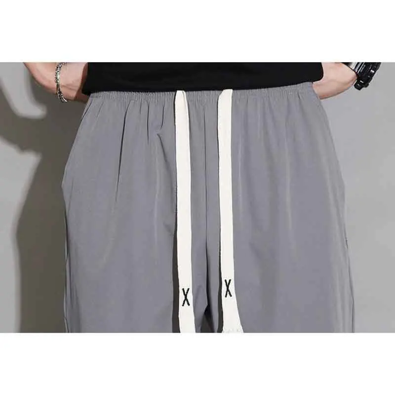 Korean Trend Summer Casual Pants Men Ice Silk Solid Quick Dry Elastic Waist Drawstring Versatile Straight Ankle Length Trousers