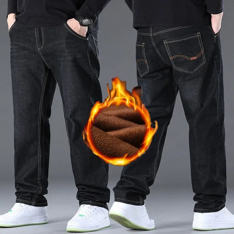Plus Size Men's Casual Warm Jeans Winter Fleece-Lined Thickened Straight-Leg
