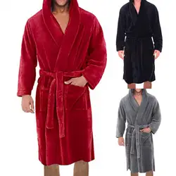 Graceful Pajamas Robe Autumn Winter Plush Bathrobe Solid Color Hooded Pockets Warm Men Nightgown Long