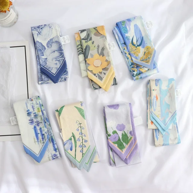 New Summer Print Flower Small Scarf Handle Bag Ribbons Fashion Head Scarf Small Long Skinny Scarves Headbands Scarf For Women 1