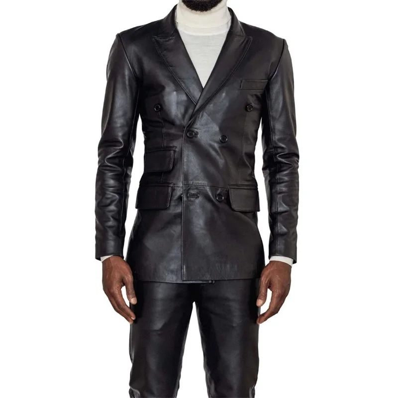PU Leather Men Suits Set 2 Pcs Blazer Pants Wedding Tuxedo Prom Dress Formal Double Breasted Party Jacket