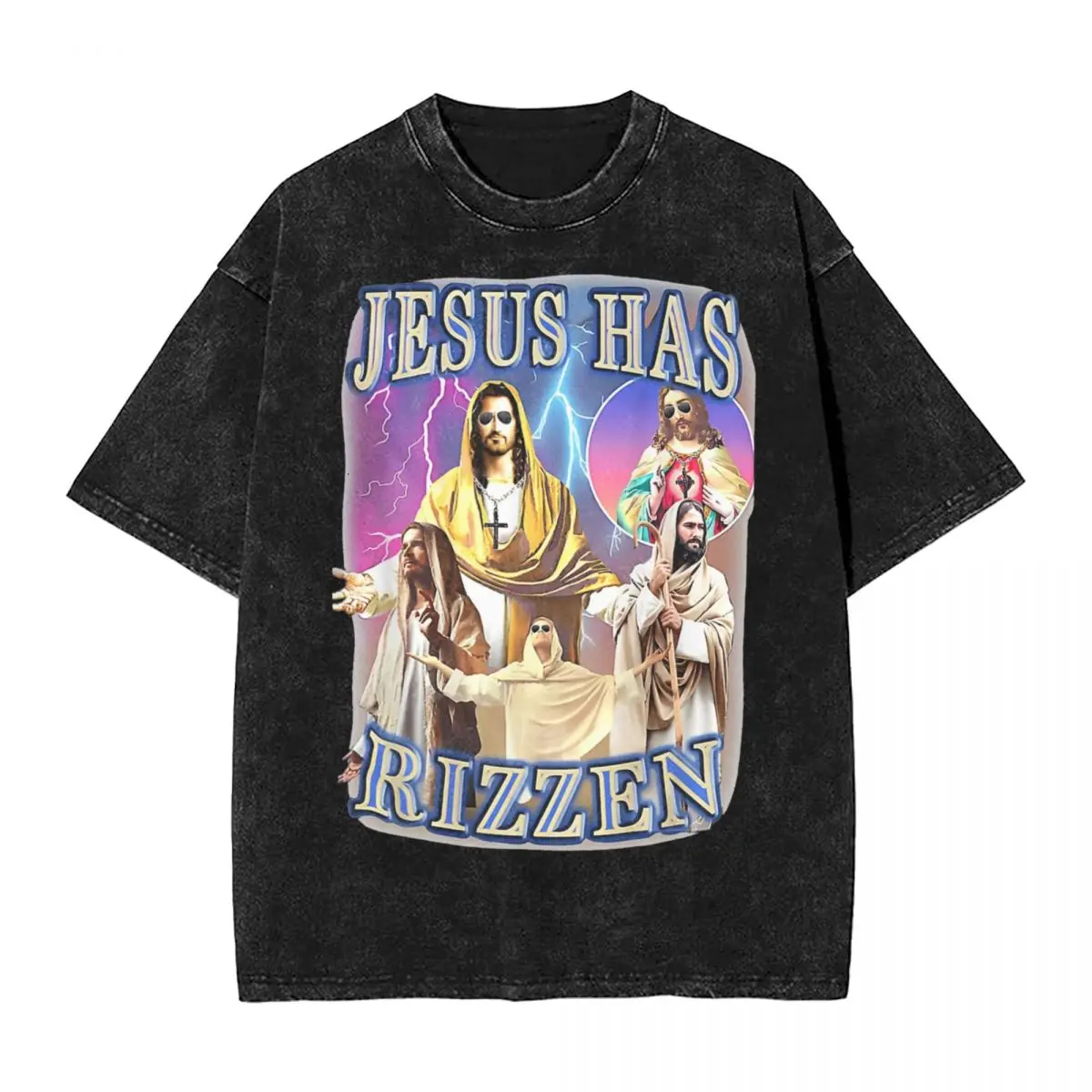 

Jesus Has Rizzen T Shirt Hip Hop Washed Cotton Street T-Shirt Christian Religious Vintage Men Women Tops Streetwear Summer Tees