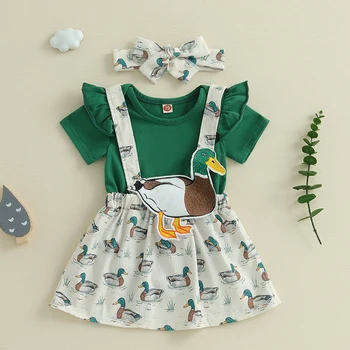 Adorable Baby Girl Summer Outfits with Cute Duck Print Suspender Skirt Romper and Headband - 3 Piece Set for a Stylish Look 2