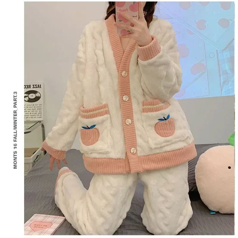 

Sleeve Coral Thick Kawaii Sets Velvet Flannel Sweet Soft Sleepwear Women's Winter Long Women Autumn Pyjamas Warm Strawberry