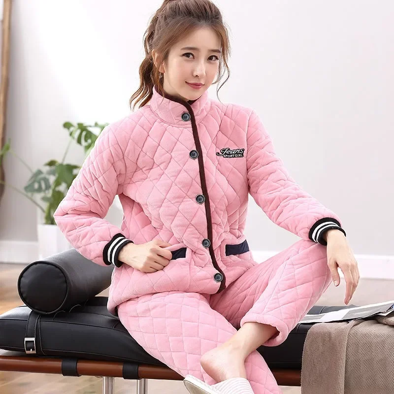Women Winter Homewear Triple Thick Padded Cotton Sleep Clothes Flannel Loungewear Coral Fleece Famale Pajamas Warm Jacket Set