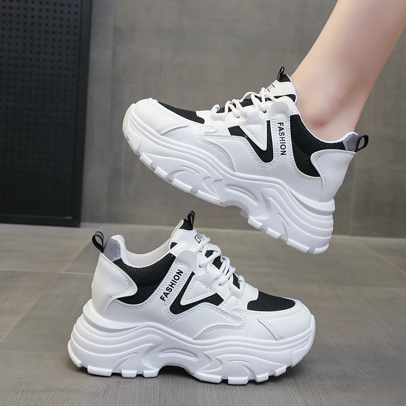 

Mix Color Hidden Heels Sneakers for Women Breathable Mesh Height Increasing Vulcanize Shoes Woman Lace-Up Platform Sports Shoes