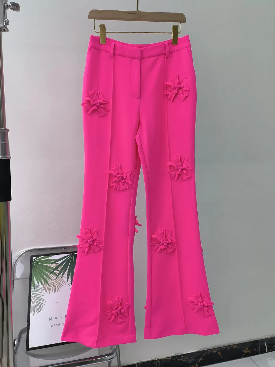 Rose Red Suits Set for Women Fashion Jacket Flower Design Flared Pants 2 Piece Pantsuits Coat + tROUSERS