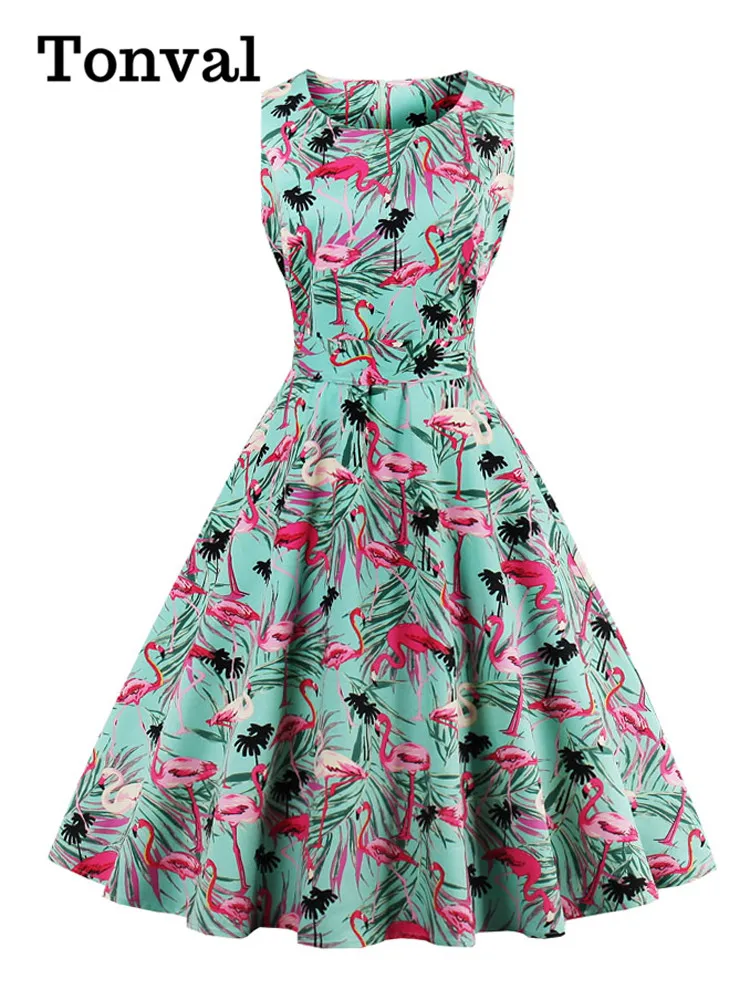 Tonval Flamingo Print High Waist Pinup Retro Dress S to 4XL 95% Cotton Women O-Neck Sleeveless Summer 50s Vintage Dresses