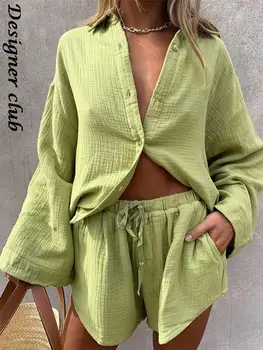 Women Casual Tracksuit Shorts Set Summer Long Sleeve Shirt Tops And Mini Drawstring Shorts Suit Lounge Wear Two Piece Set 1