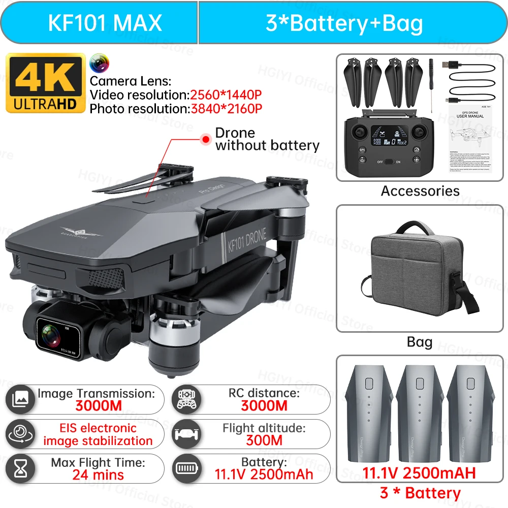 HGIYI KF101 Max Drone 4K Professional 5G WIFI Dron HD EIS Camera Anti-Shake 3-Axis Gimbal Brushless Motor RC Foldable Quadcopter 