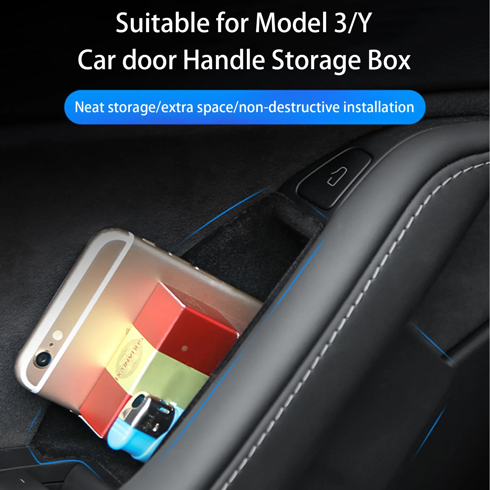 

Fit For Tesla Model 3 Y Three Handle Pocket Car Door Side Pallets Armrest Container Storage Box Organizer Interior Accessories