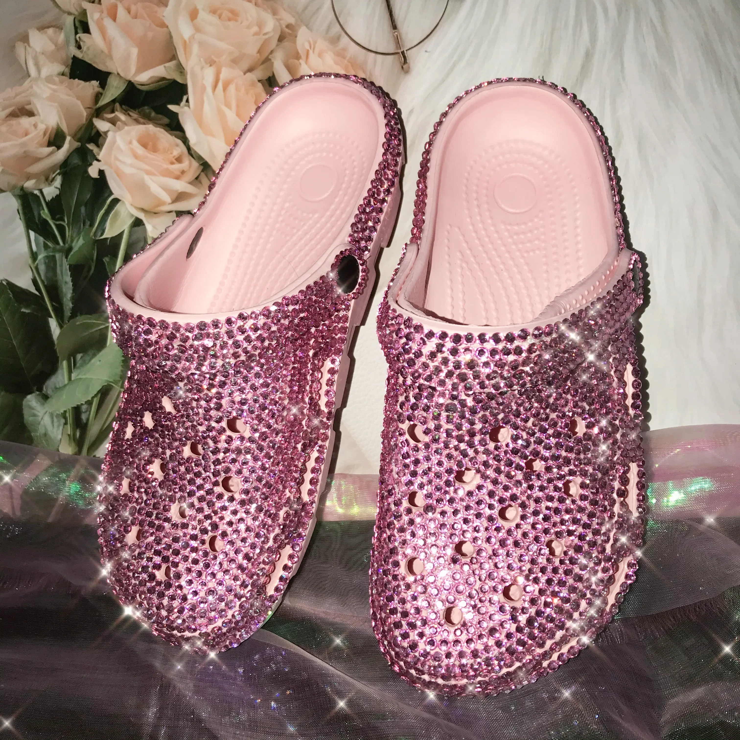 

Sparkly Clogs Sandals for Women Bling Bedazzled Clog Mules Sandals Fully Covered with Rhinestone Classic Sparkly Clog Pink