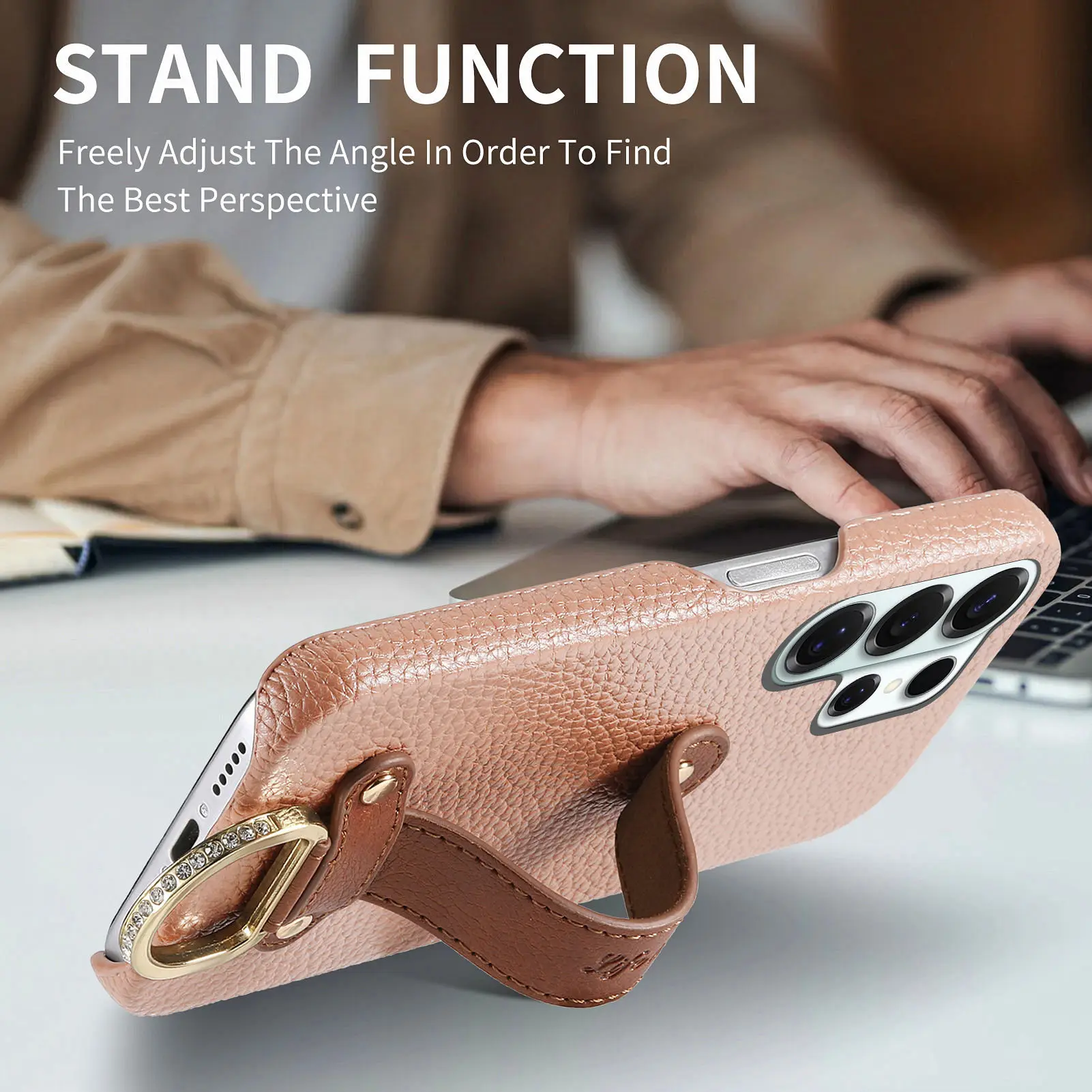 Lychee Textured Leather Wrist Strap Ring Holder Phone Case Cover
